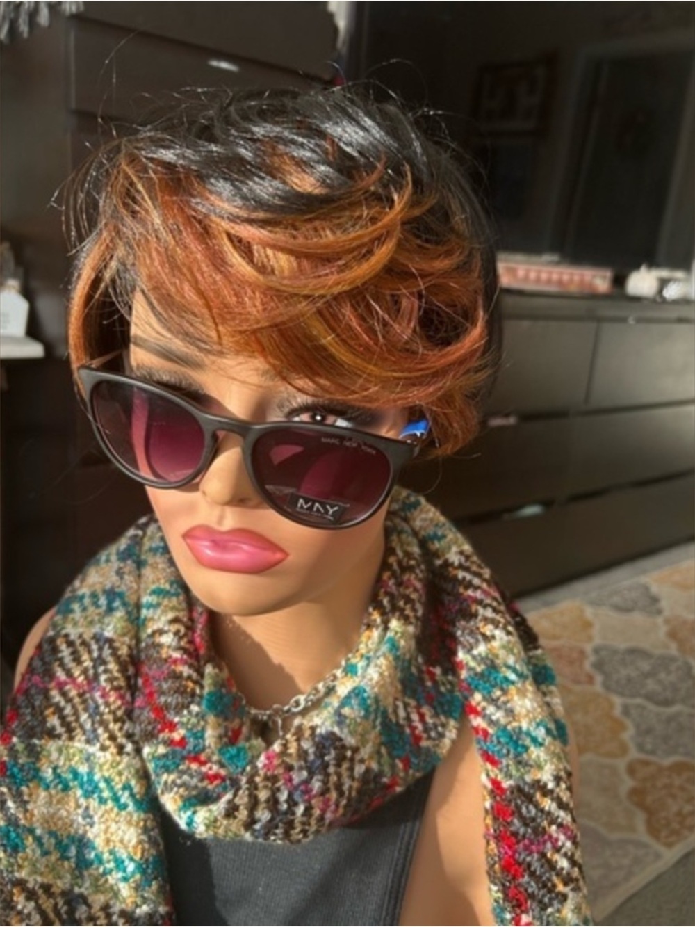 🌸 Sensationnel Short Layered Women’s Wig in Black with Orange Highlights